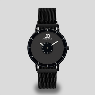 Montre homme élégante à la mode bracelet aimanté magnétique acier noir interchangeable cadran noir marque française envoi rapide cadeau trotteuse ronde circulaire 