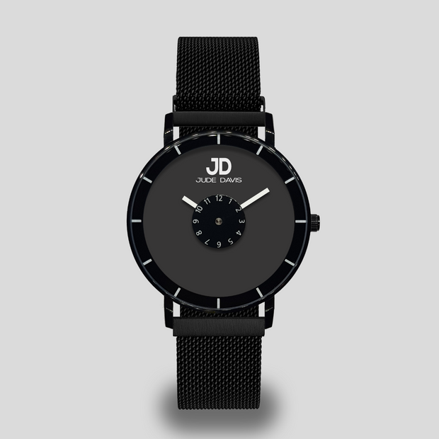 Montre homme élégante à la mode bracelet aimanté magnétique acier noir interchangeable cadran noir marque française envoi rapide cadeau trotteuse ronde circulaire 