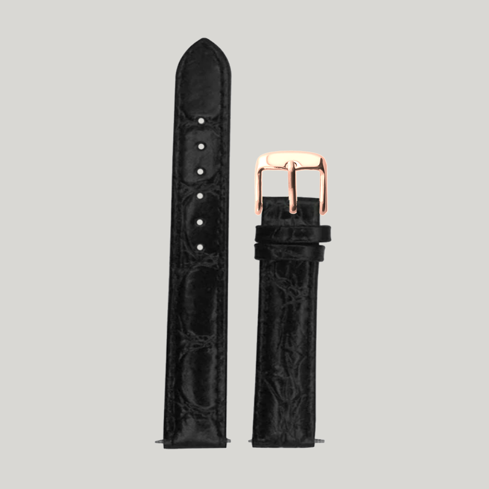 Bracelet Montre Cuir Noir 15 Mm – Finition Crocodile – Boucle Dorée – Neuf