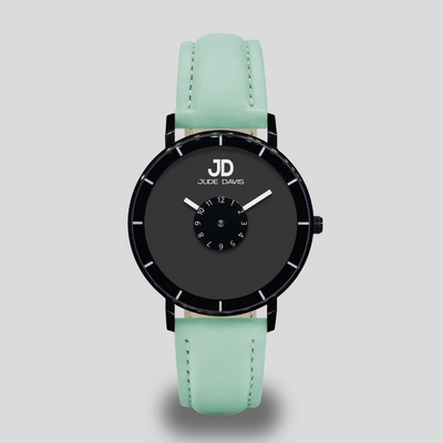 marque de montre francaise femme jude davis bracelet cuir vert d'eau bleu cadran noir